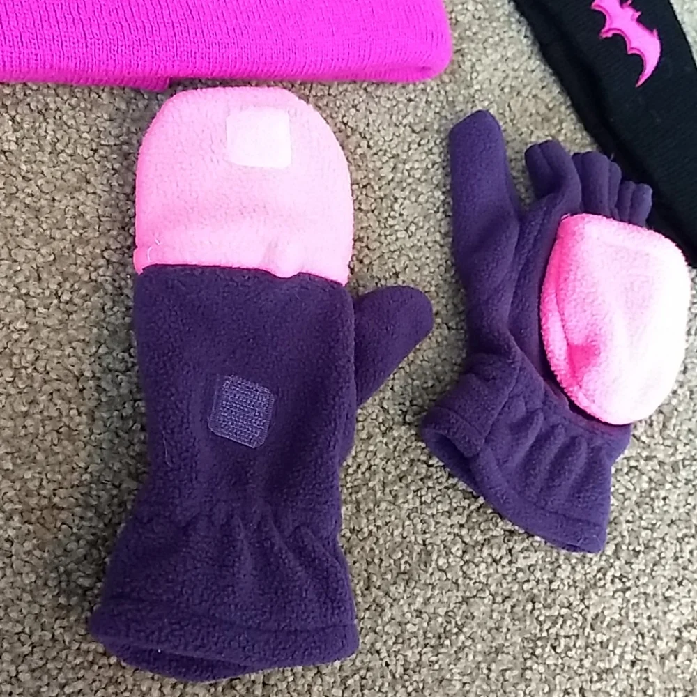 Batman Kids Girls Hat Ear Warmer Glove Bundle Pink Black‎ Winter Warm Snow Puff